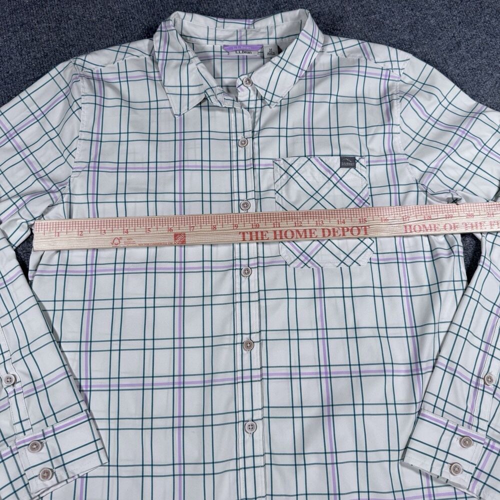 LL Bean Long Sleeve Plaid Button Shirt White Purple Green Women’s Medium - Picture 7 of 8